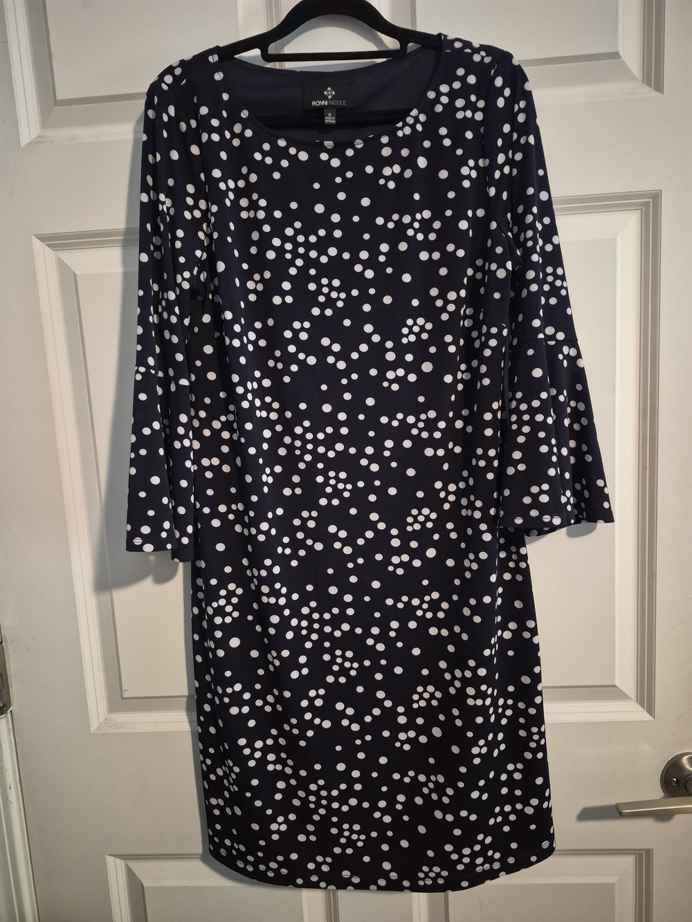 Ronni Nicole Navy Polka Dot Bell Sleeve Shift Dress Modest Office Preppy Size 6